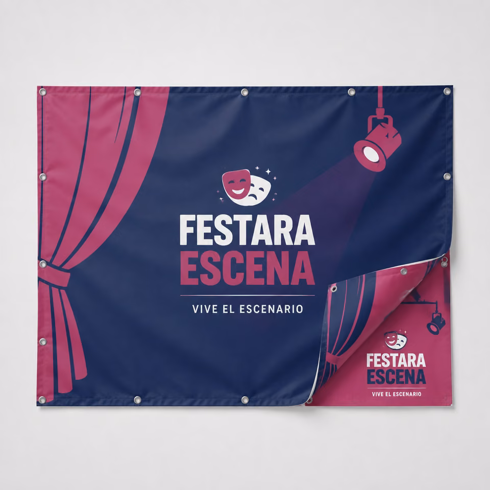 Lona blockout doble cara con impresión personalizada de la marca ficticia FESTARA ESCENA