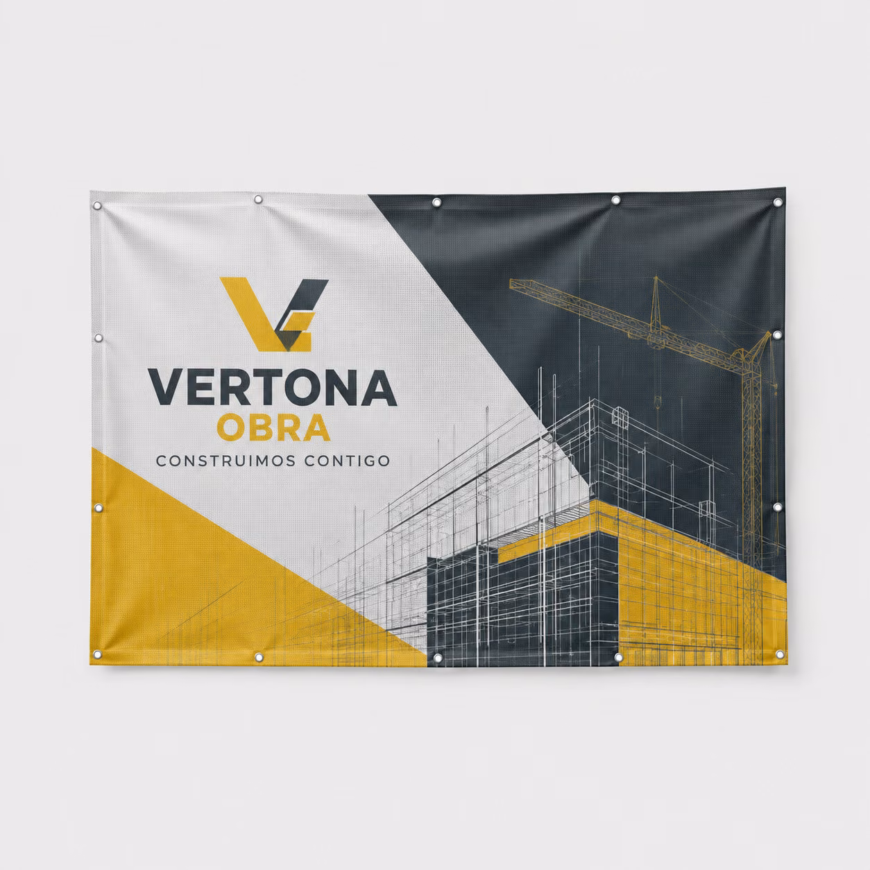 Lona microperforada mesh con impresión personalizada de la marca ficticia VERTONA OBRA