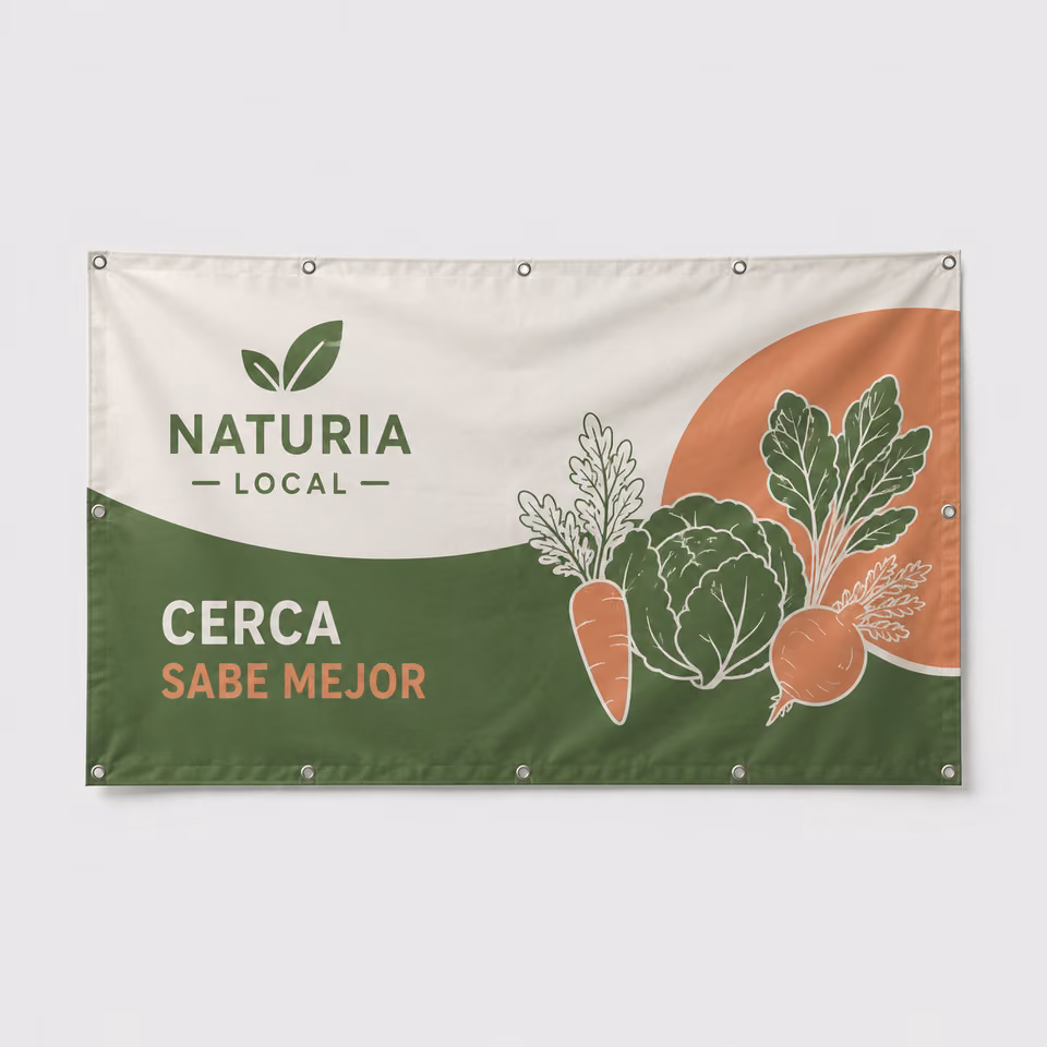 Lona sin PVC con impresión personalizada de la marca ficticia NATURIA LOCAL