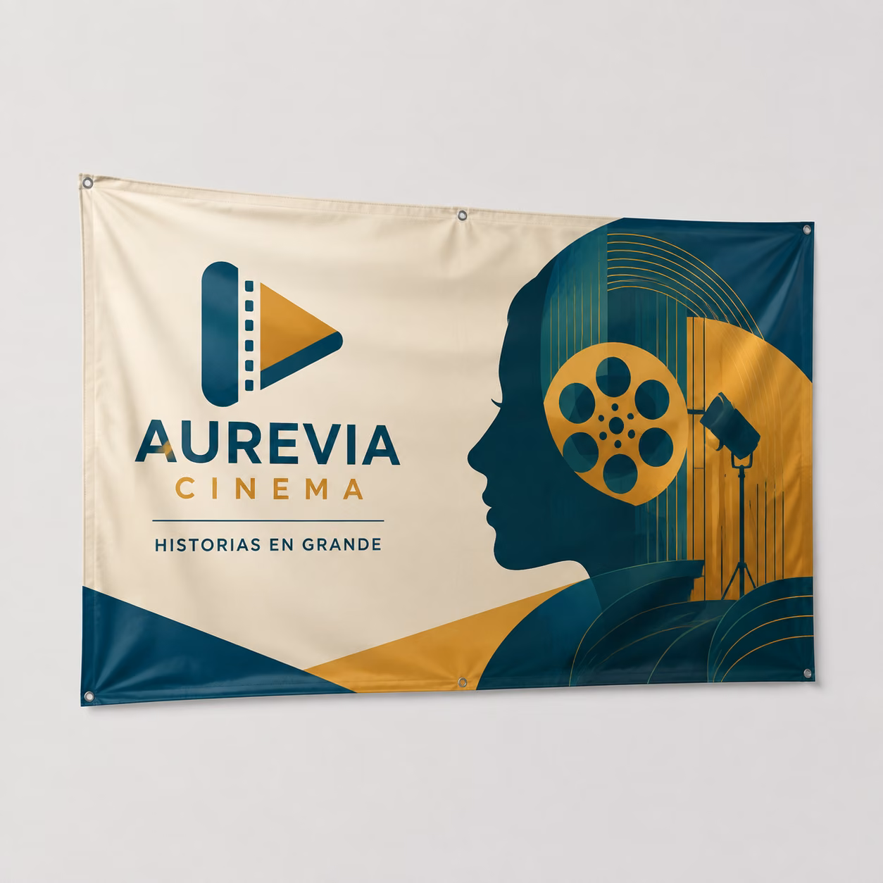 Lona translúcida backlit con impresión personalizada de la marca ficticia AUREVIA CINEMA