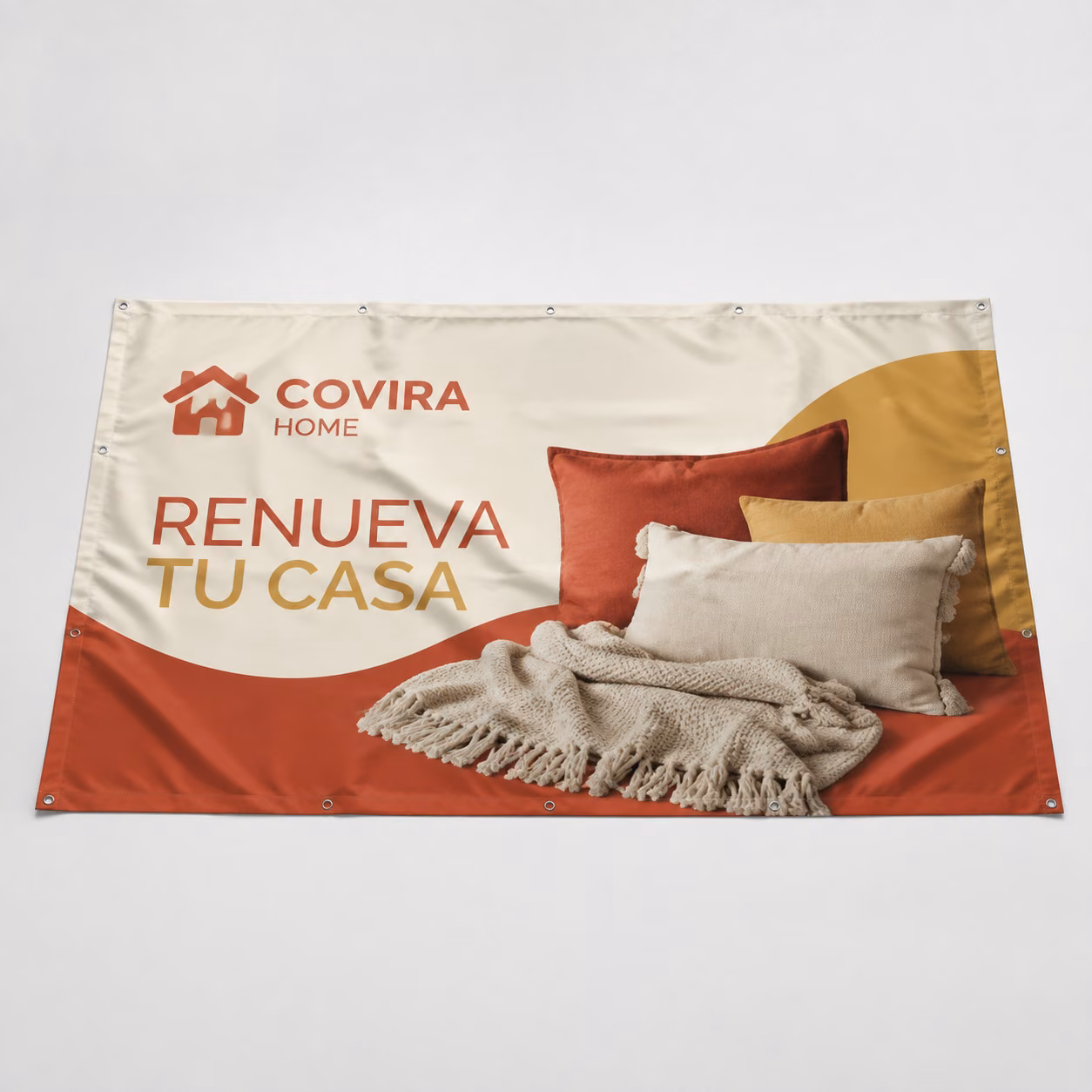 Lona frontlit con impresión personalizada de la marca ficticia COVIRA HOME