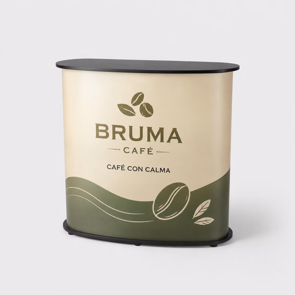 Mostrador publicitario de PVC con impresión personalizada de la marca ficticia BRUMA CAFÉ
