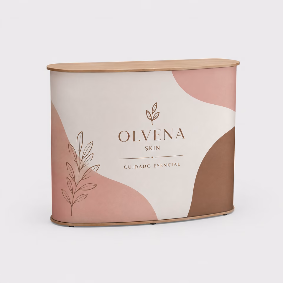 Mostrador textil plegable con impresión personalizada de la marca ficticia OLVENA SKIN