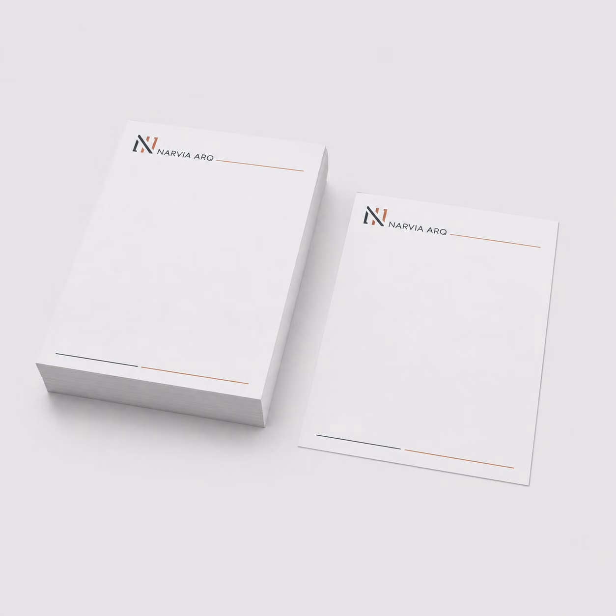 Papel membretado con impresión personalizada de la marca ficticia NARVIA ARQ