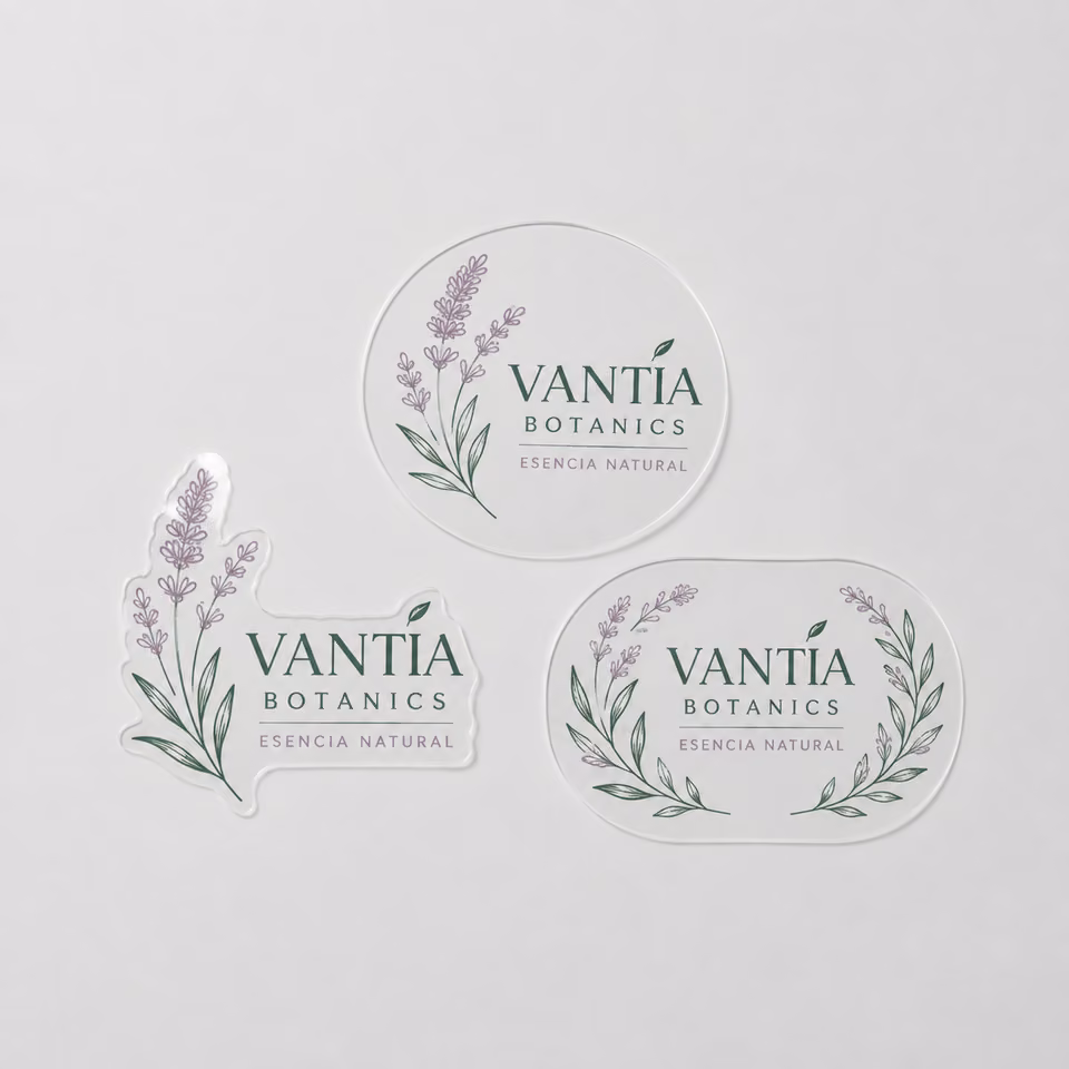Pegatinas transparentes con impresión personalizada de la marca ficticia VANTÉA BOTANICS