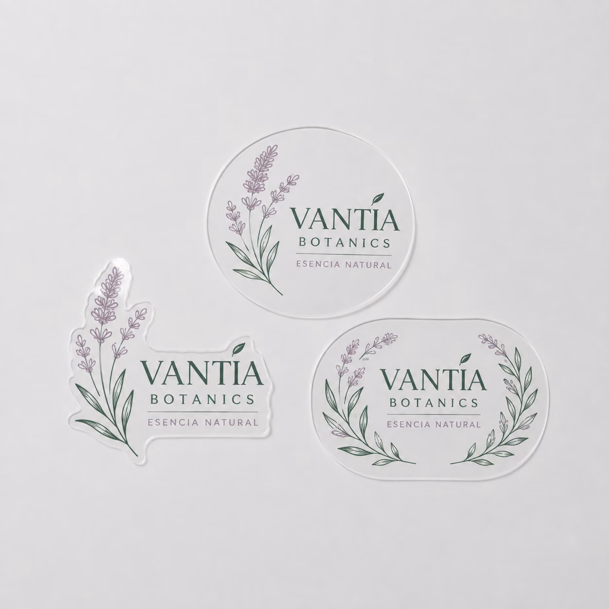 Pegatinas transparentes con impresión personalizada de la marca ficticia VANTÉA BOTANICS