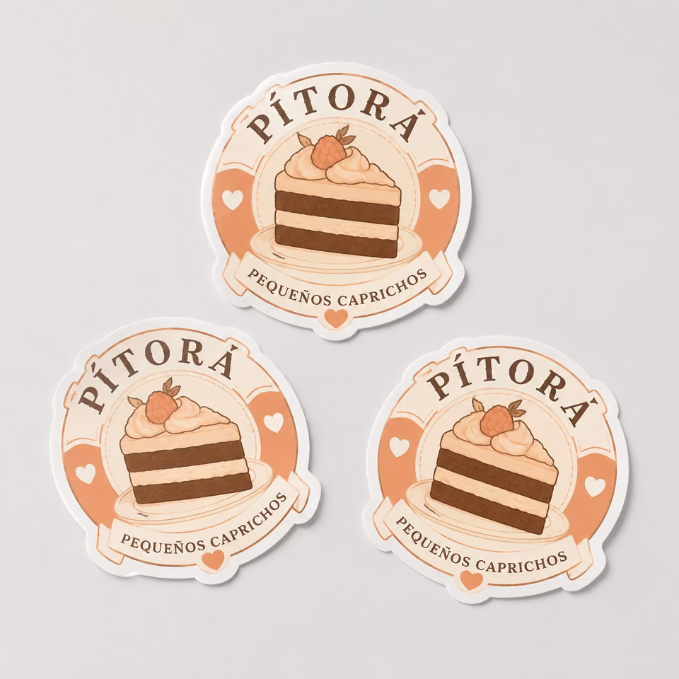 Pegatinas de vinilo blancas con impresión personalizada de la marca ficticia PÉTORA BAKES