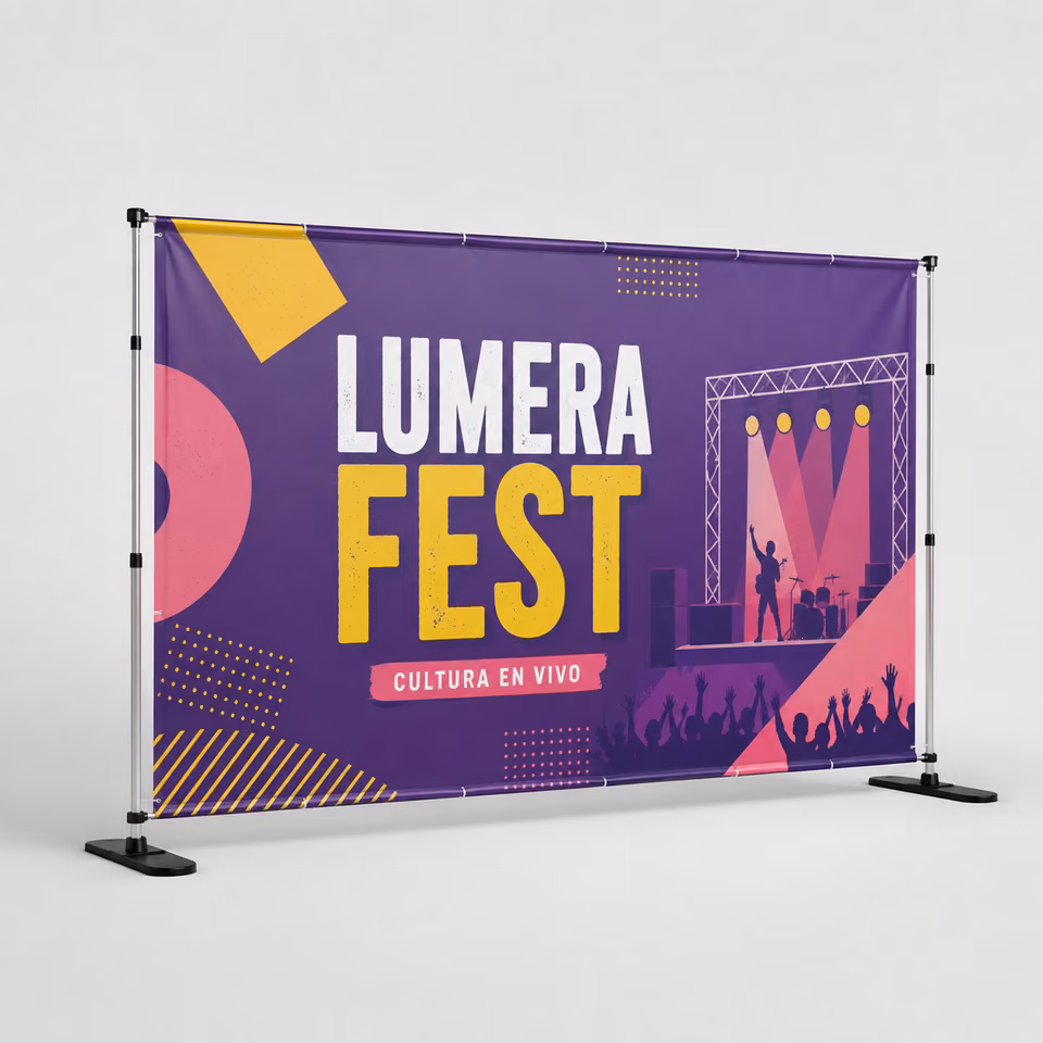 Photocall extensible con impresión personalizada de la marca ficticia LUMERA FEST