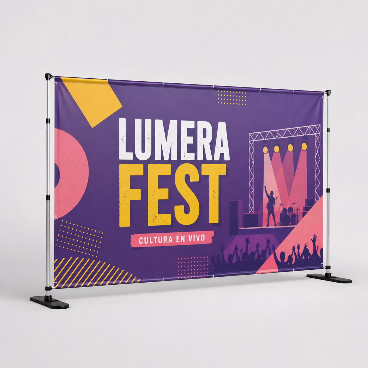 Photocall extensible con impresión personalizada de la marca ficticia LUMERA FEST