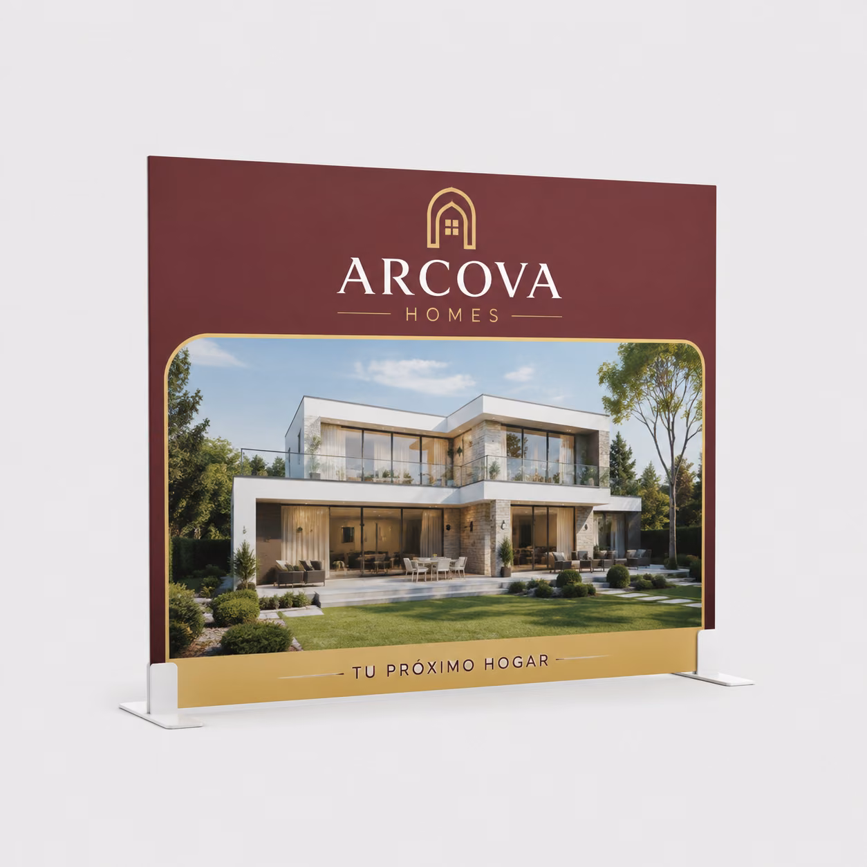 Photocall rígido con peanas con impresión personalizada de la marca ficticia ARCOVA HOMES
