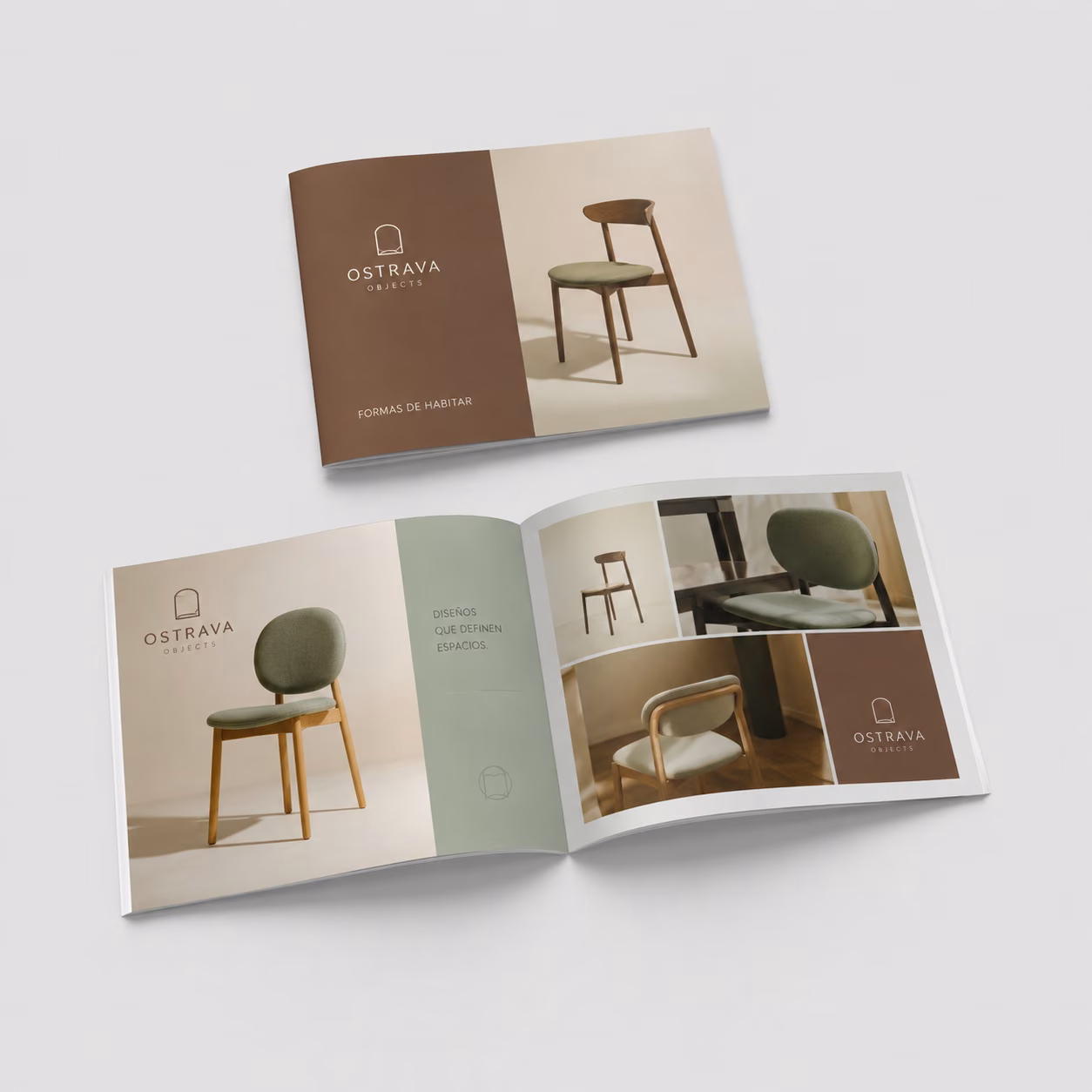 Revistas y catálogos grapados con impresión personalizada de la marca ficticia OSTRAVA OBJECTS