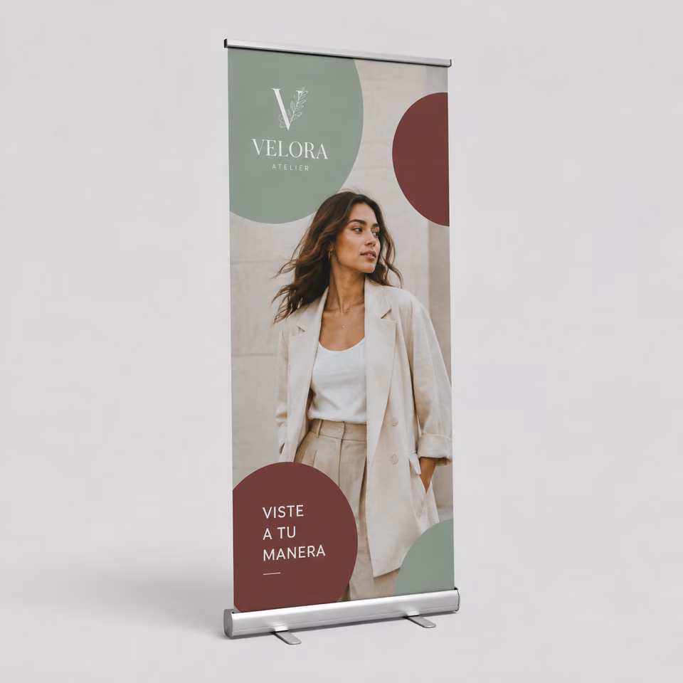 Roll-up estándar con impresión personalizada de la marca ficticia VELORA ATELIER