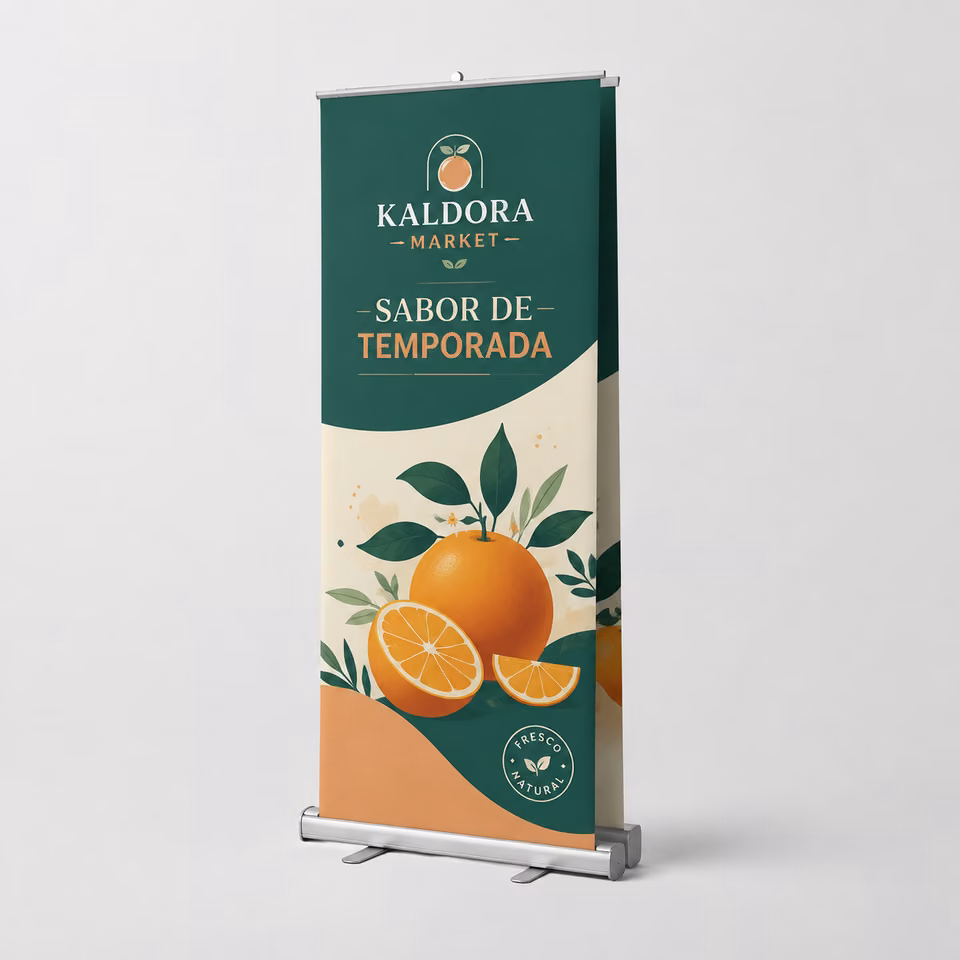 Roll-up doble cara con impresión personalizada de la marca ficticia KALDORA MARKET