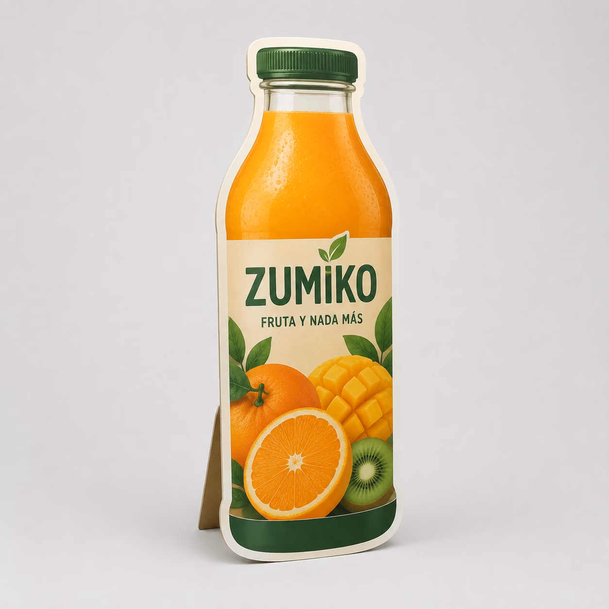 Silueta publicitaria troquelada con impresión personalizada de la marca ficticia ZUMIKO