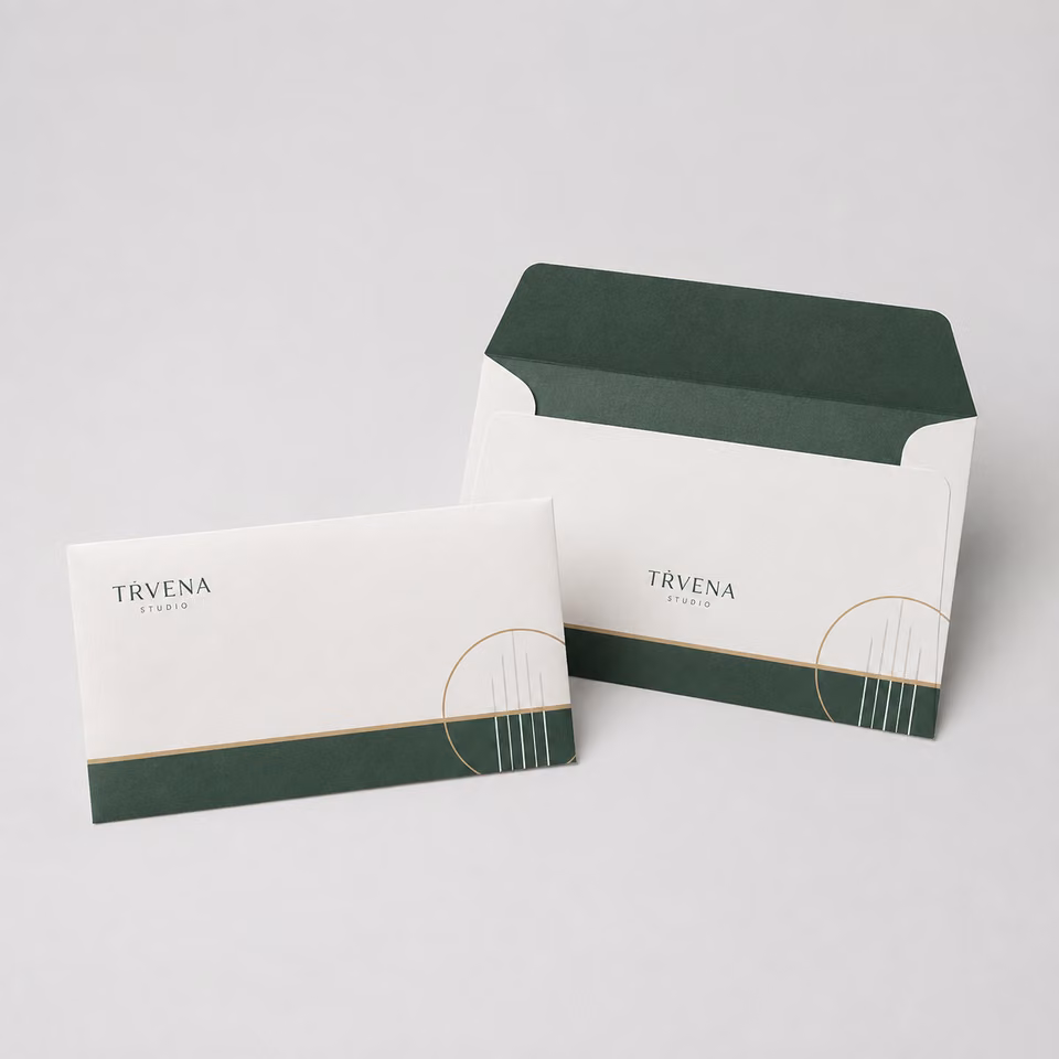 Sobres personalizados con impresión personalizada de la marca ficticia TÉRVENA STUDIO