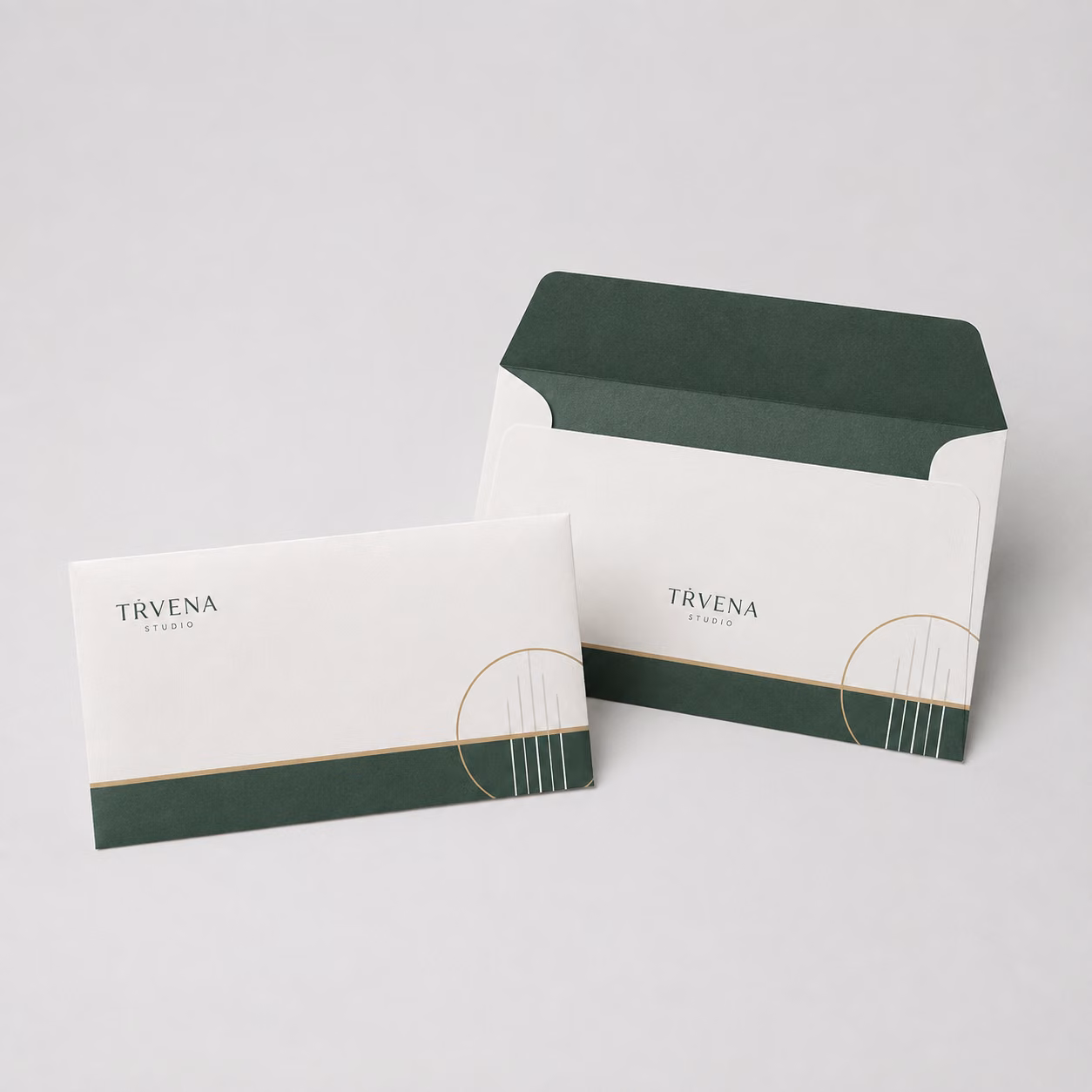 Sobres personalizados con impresión personalizada de la marca ficticia TÉRVENA STUDIO