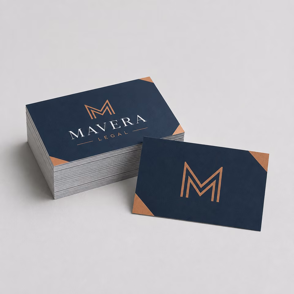 Tarjetas de visita con impresión personalizada de la marca ficticia MAVERA LEGAL