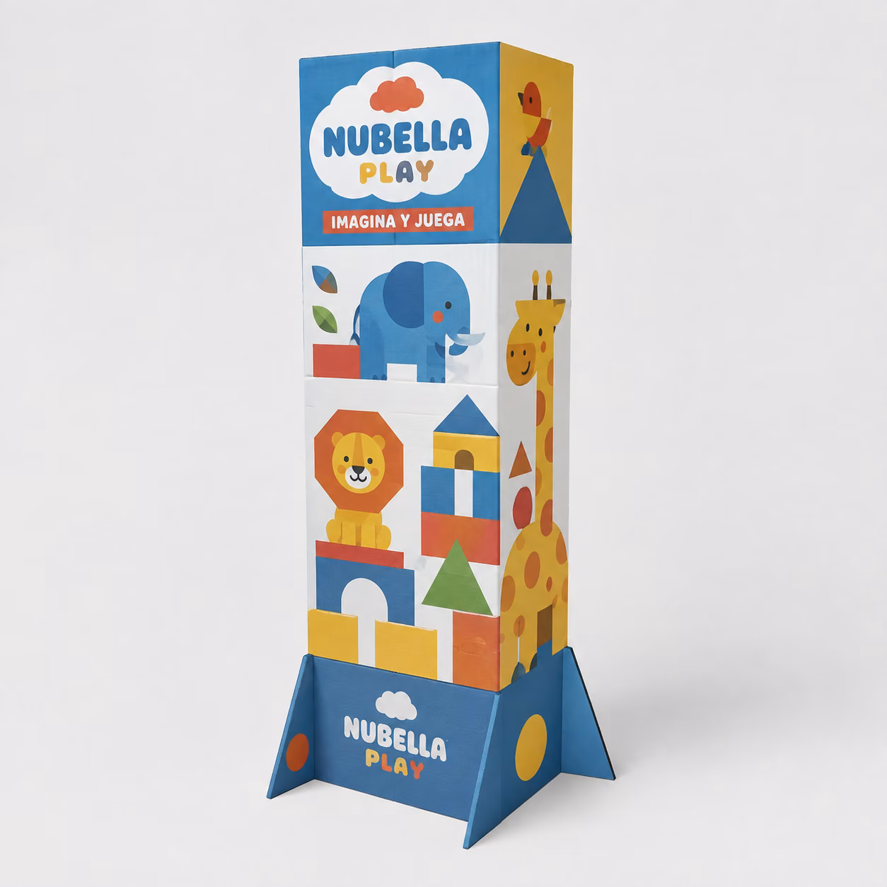 Tótem de cartón con impresión personalizada de la marca ficticia NUBELLA PLAY