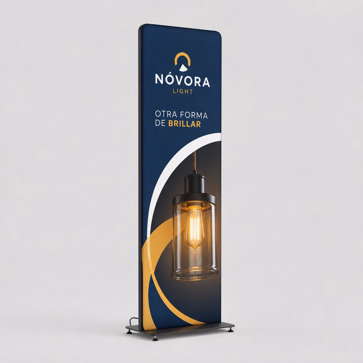 Tótem textil luminoso LED con impresión personalizada de la marca ficticia NÉVORA LIGHT