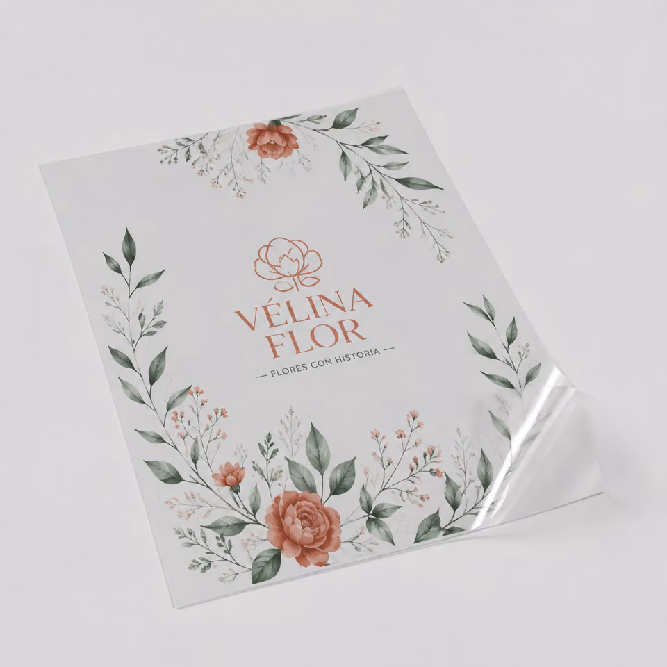 Vinilo transparente con impresión personalizada de la marca ficticia VÉLINA FLOR
