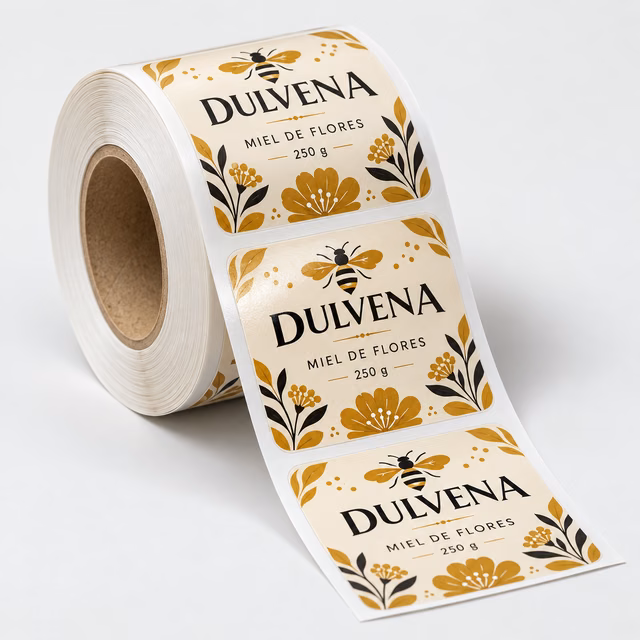 Etiquetas adhesivas en bobina con diseño floral de la marca ficticia DULVENA
